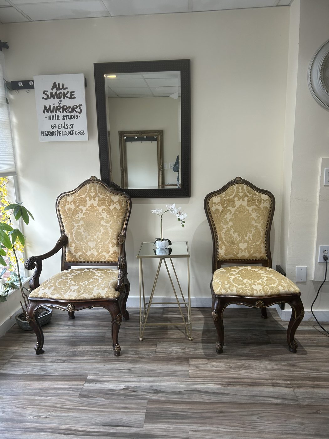 Elegant waiting area at All Smoke & Mirrors Hair Studio, Haddonfield NJ