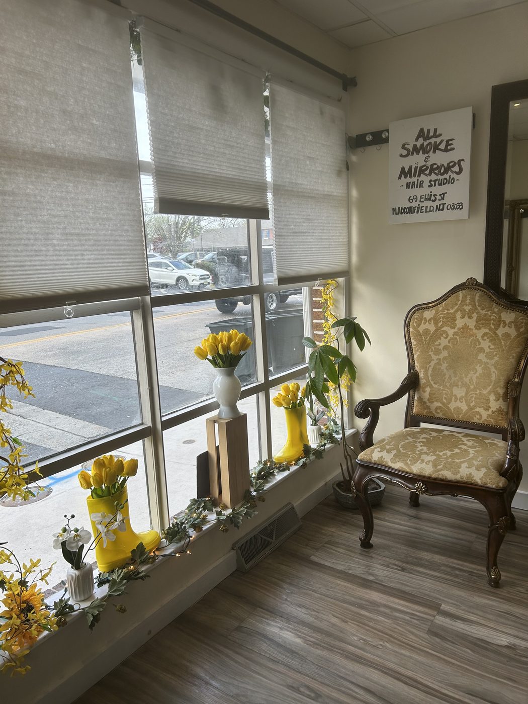 Bright, welcoming interior of All Smoke & Mirrors Hair Studio, Haddonfield NJ